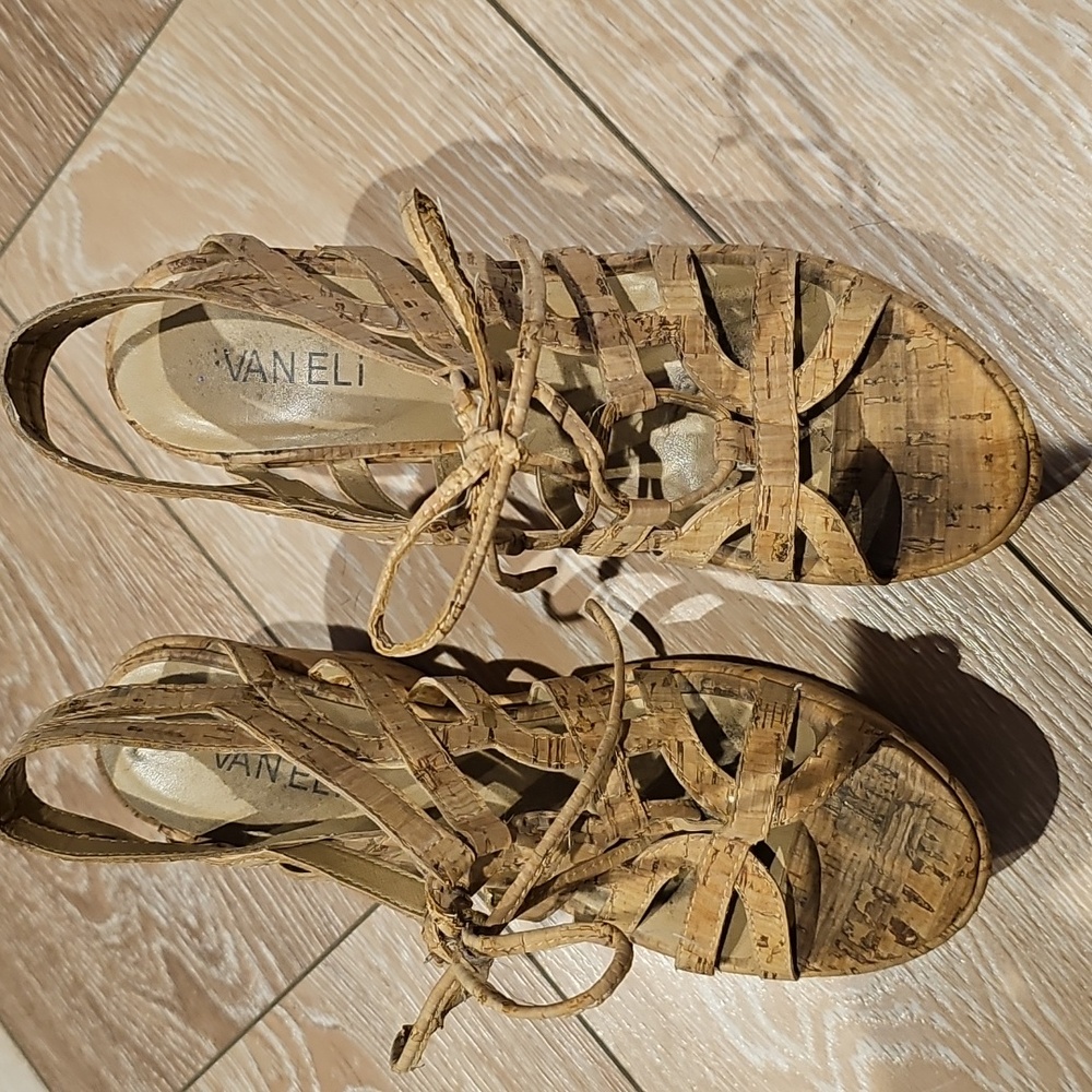 Vaneli Tan Cork Lace-up Wedges Size 7
